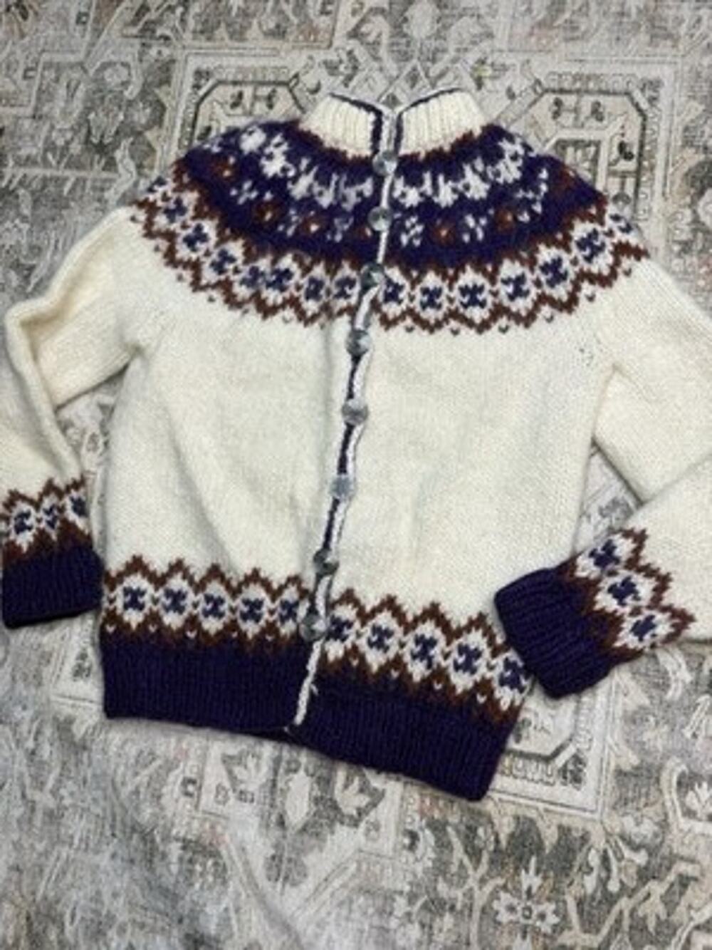 VTG Hand Knit Nordic Wool Cardigan Sweater Small Fair Isle Yoke Cream Hilda EUC